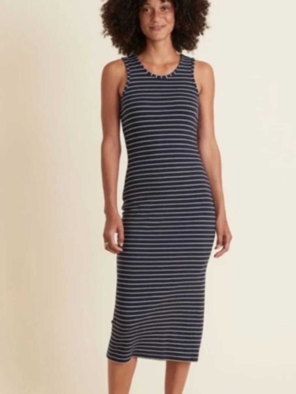 Marine Layer Lexi Rib Daytime Midi Dress Bodycon Navy White Stripe Size L